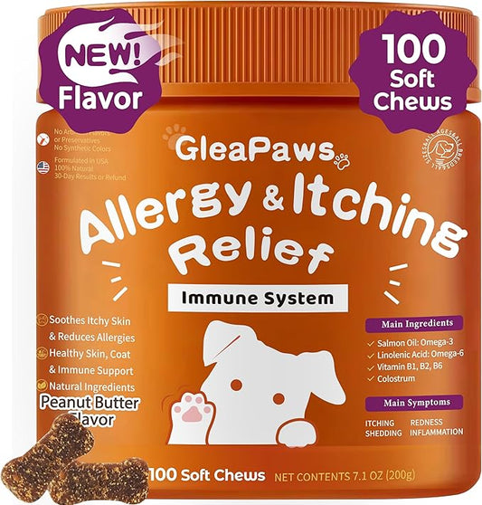 Dog Allergy & Itch Relief Supplement - Salmon Oil Omega-3, Omega-6, Vitamin B1/B2/B6, Colostrum Probiotics for Seasonal Allergy, Hot Spots, Paw Licking, 100 Chews, Peanut Butter+Salmon Oil