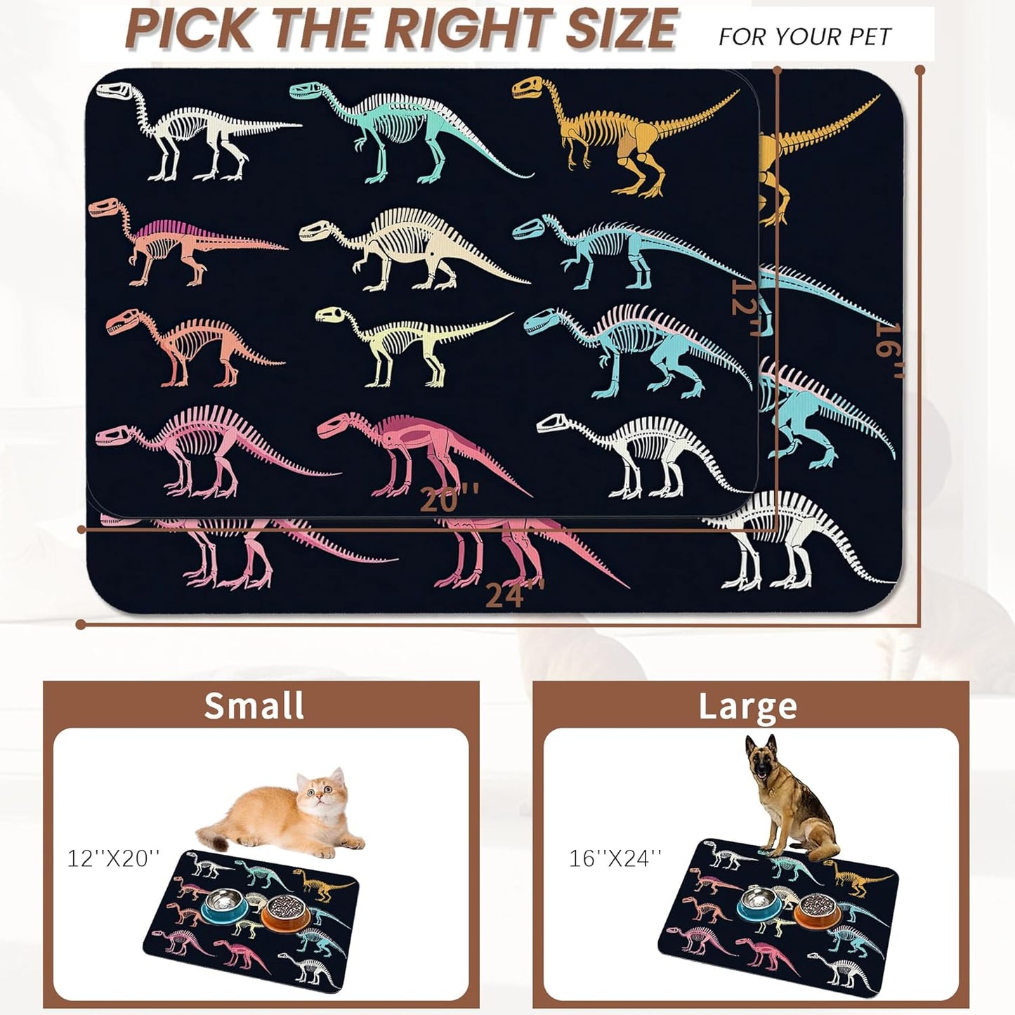 Dinosaur Skeleton Dog Cat Food Mat,Vintage Color Absorbent Pet Feeding Mat with Rubber Backing,Non-Slip Water Bowl Placemat,Indoor Pet Accessories Supplies 12"x20"