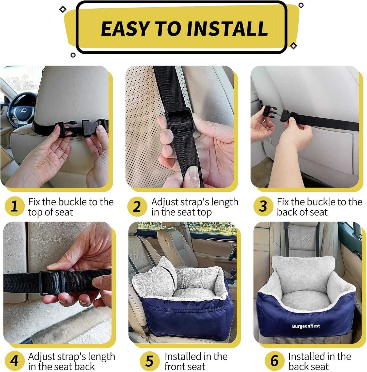 BurgeonNest Dog Car Seat for Small Dogs, Fully Detachable and Washable Cat Carseats Under 25 lbs, Soft Pet Booster Seats with Storage Pockets and Clip-On Leash Portable Car Travel Carrier Bed, Blue