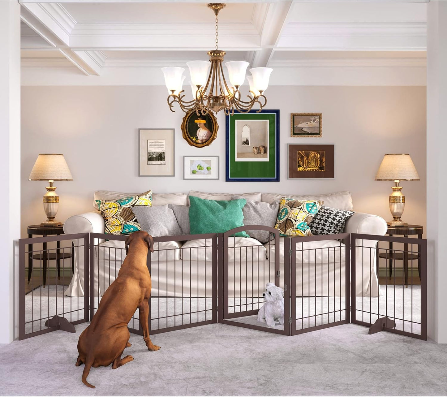 JSB 144-inch Extra Wide 30-inch Tall Dog gate with Door Walk Through, Freestanding Pet Gate for Halls, Stairs & Home, Pet Puppy Safety Dog Fence with 2PCS Support Feet (Espresso)