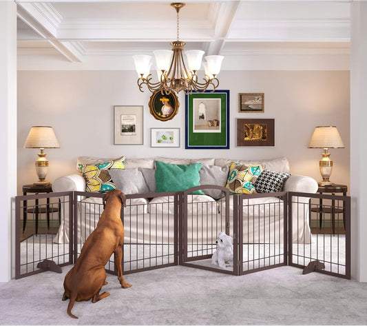 JSB 144-inch Extra Wide 30-inch Tall Dog gate with Door Walk Through, Freestanding Pet Gate for Halls, Stairs & Home, Pet Puppy Safety Dog Fence with 2PCS Support Feet (Espresso)