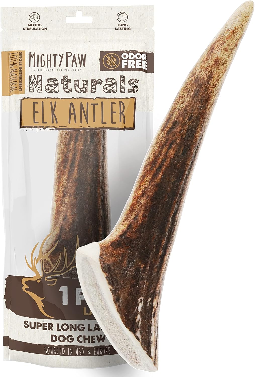 Mighty Paw Elk Antlers for Dogs | Large Size 8'' Premium Deer Antlers, Pets &Puppies. Long Lasting Aggressive Chewers. Dog Antler Chews for Large &XL Dog,1 Count (Pack of 1)