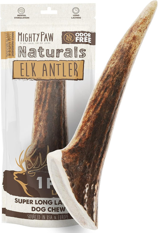 Mighty Paw Elk Antlers for Dogs | Large Size 8'' Premium Deer Antlers, Pets &Puppies. Long Lasting Aggressive Chewers. Dog Antler Chews for Large &XL Dog,1 Count (Pack of 1)