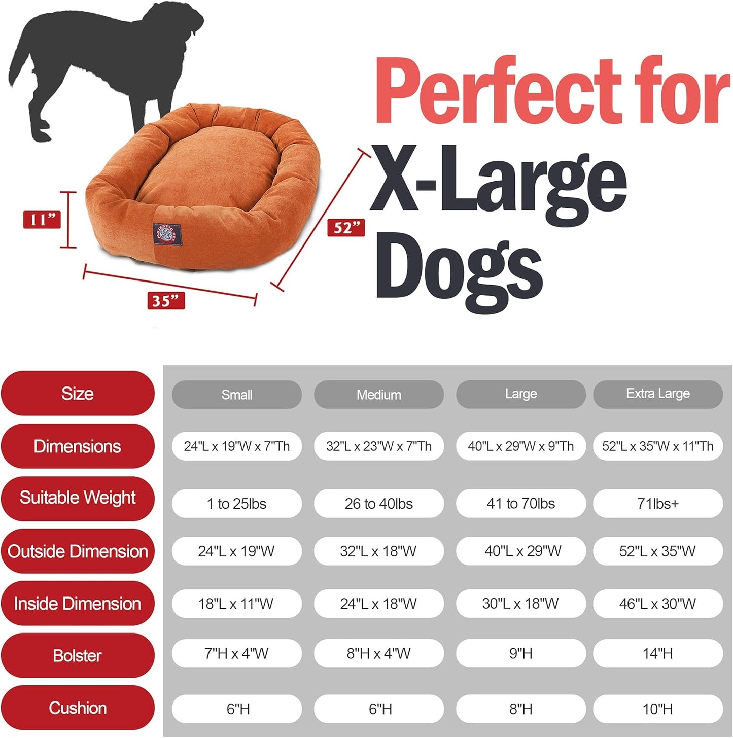 Majestic Pet 52 Inch Micro Velvet Calming Dog Bed Washable 52x35x11 (inch) – Cozy Soft Round Donut Dog Bed with Spine for Head Support - Pet Bed X- Large – Orange