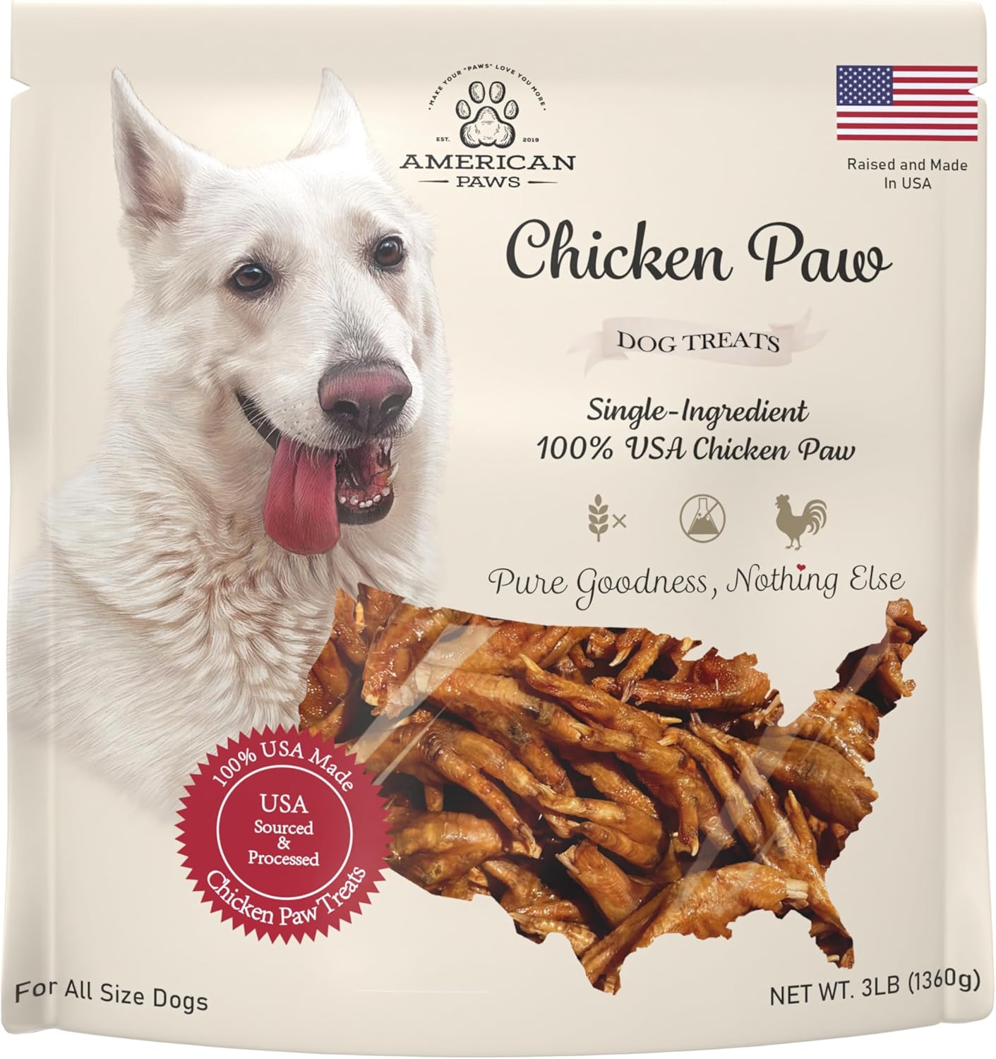 American Paws Dehydrated Chicken Feet Dog Treats, Only One Ingredient, No Additives, Made and Sourced in USA (3LB)