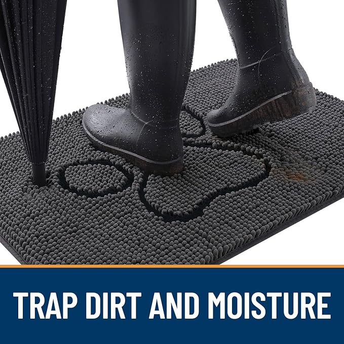 OLANLY Door Mat for Muddy Dog Paws 30x20, Absorbent Chenille Doormat with Paw Print Design, Non-Slip Washable Doormat for Indoor Entryway, Quick-Dry Pet Bed Mats for Dirty Dogs, Dark Grey and Black