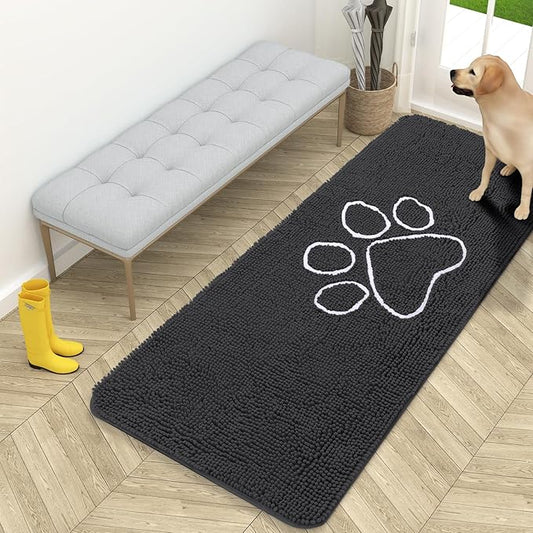 OLANLY Door Mat for Muddy Dog Paws 59x24, Ultra Absorbent Chenille Mud Doormat with Paw Print Design, Non-Slip Washable Doormat for Indoor Entryway, Quick-Dry Pet Bed Mats for Dirty Dogs, Dark Grey