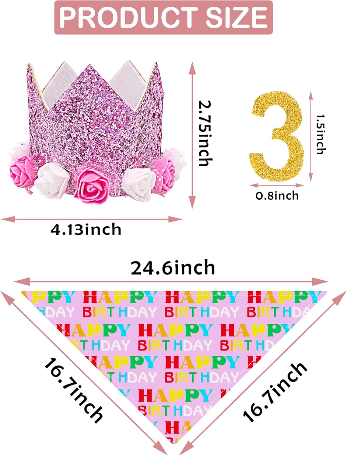 PET SHOW Pink Crown Hat Dog Birthday Party Supplies for Girls Female Pets Small Medium Large Dogs Cats Birthday Hat and Plaid Bandana with 0-9 Numbers and Glue