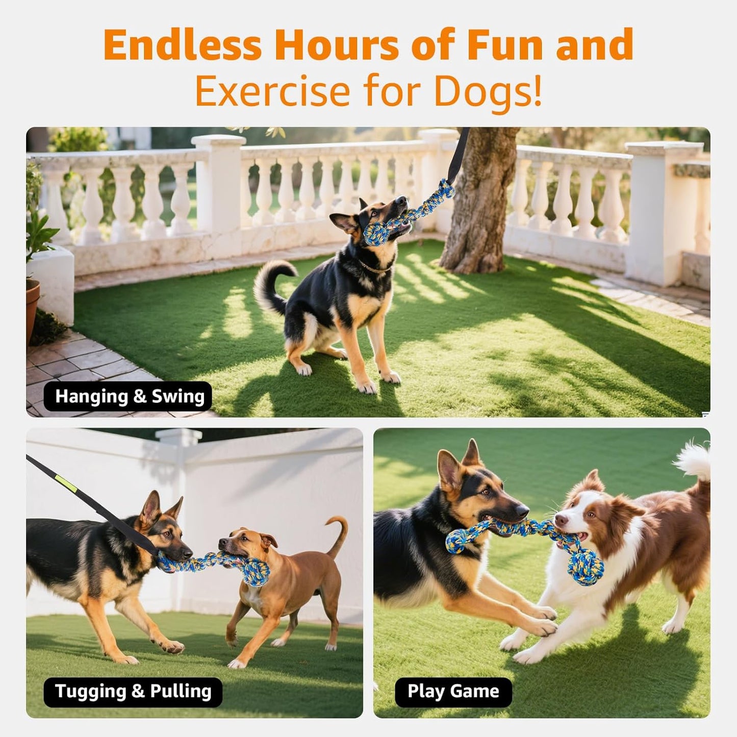 LOOBANI Outdoor Bungee Tug Toy, Dog Toy Hanging from Tree for Small to Large Dogs, Interactive Exercise Play Cord & Tether with Chew Rope Toy (Tree Stump Tug of War-Black)