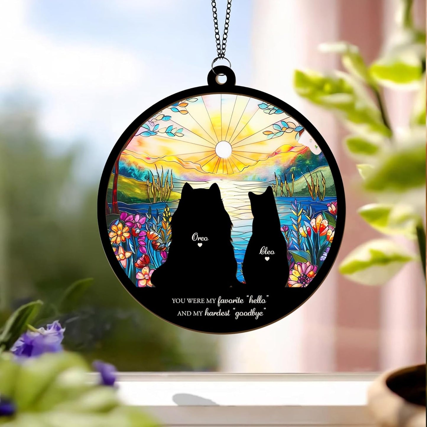 Personalized Cat Memorial Suncatcher – Custom Multiple Cats with Names, Breeds, and Background Options, Cat Loss Sympathy Gift, Pet Remembrance Keepsake, Gift for Cat Lovers