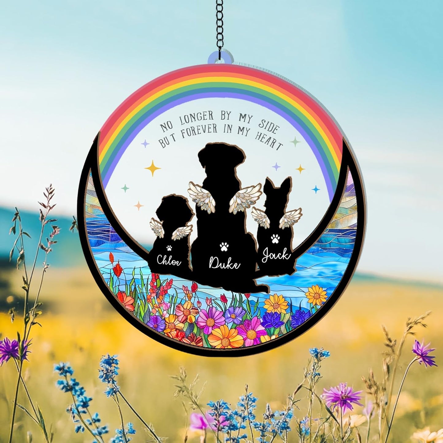 Personalized Dog Memorial Suncatcher – Custom Suncatcher with Name, Breed & Rainbow Bridge Background for Up to 3 Pets, Pet Loss Gift, Sympathy Keepsake for Dog Lovers