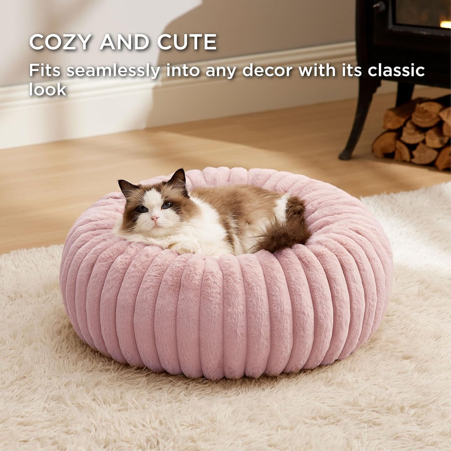 Bedsure Cat beds for Indoor Cats - Donut Dog Beds for Small Dogs with Corduroy Fleece & Anti Slip Bottom, Faux Fur Pet Beds with Washable Removable Cover, Blush Pink, 20x20x6 inches
