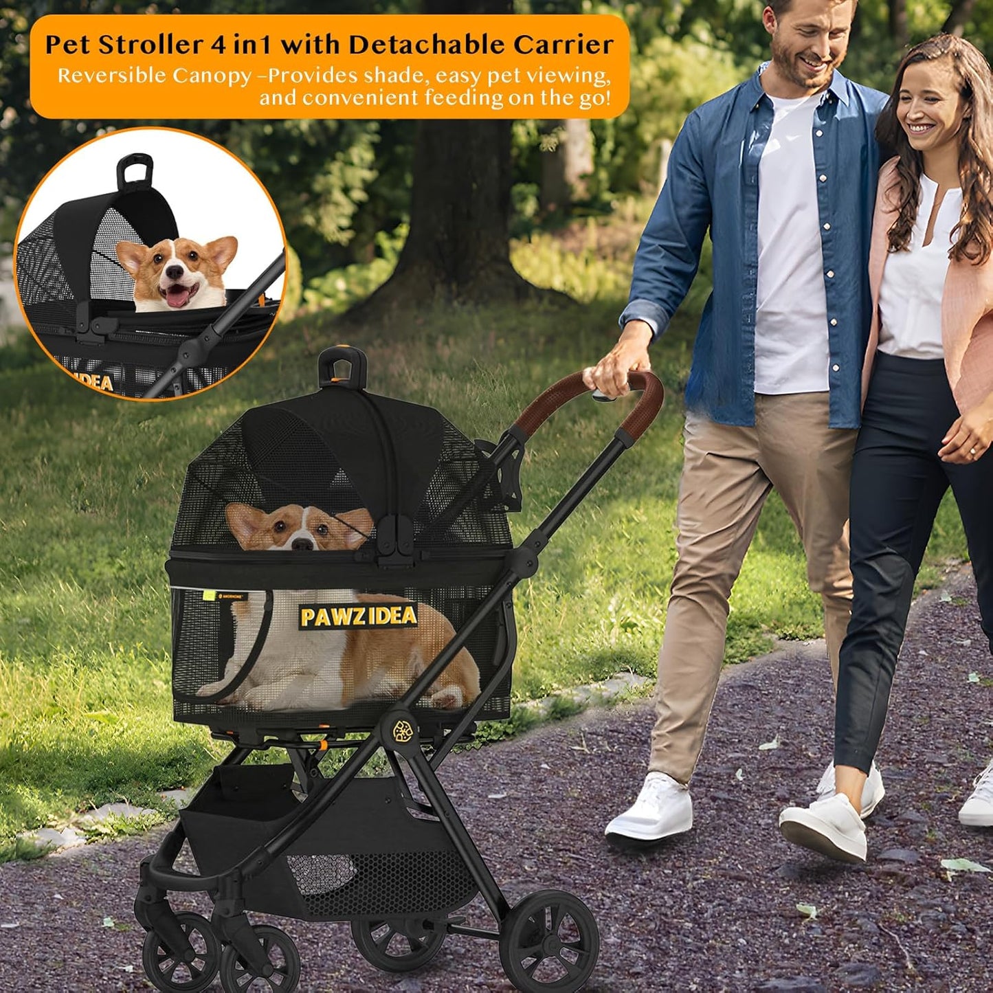 PAWZIDEA Pet Stroller 4 in 1, Cat Strollers with Detachable Carrier No-Zip Canopy, Portable Dog Crate for Car Seat Travel, Foldable & Lightweight Jogger for Small/Medium Dogs and Cats, Storage Basket