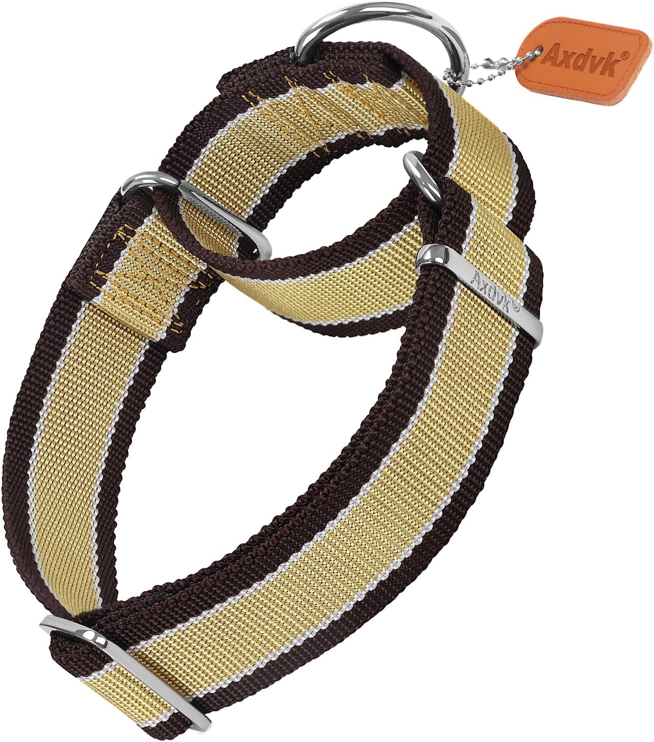 Martingale Collar 1.5 Inch Wide 1600D Extra Strong Anti Escape Nylon Dog Collar, No Pull Heavy Duty Pet Collars with 3-Color Stripe for Medium to Large Dogs (L, Khaki & Dark Brown)