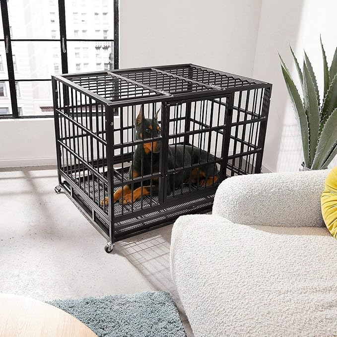 Oranland 48/38 Inch Heavy Duty Dog Crate Cage Kennel with Wheels, High Anxiety Indestructible, Sturdy Locks Design, Double Door and Removable Tray, Extra Large XL XXL