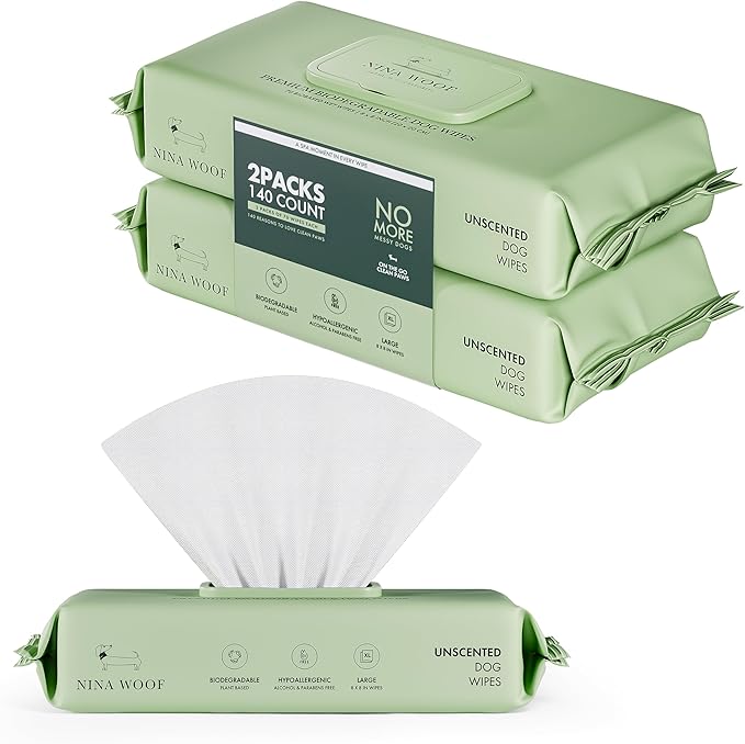 Dog Wipes – Fragrance-Free, Alcohol-Free, Hypoallergenic Pet Grooming Wipes with Aloe Vera, Biodegradable, for Dogs & Cats: Paws, Face, Ears & Butt – 2-Pack (140 Count)