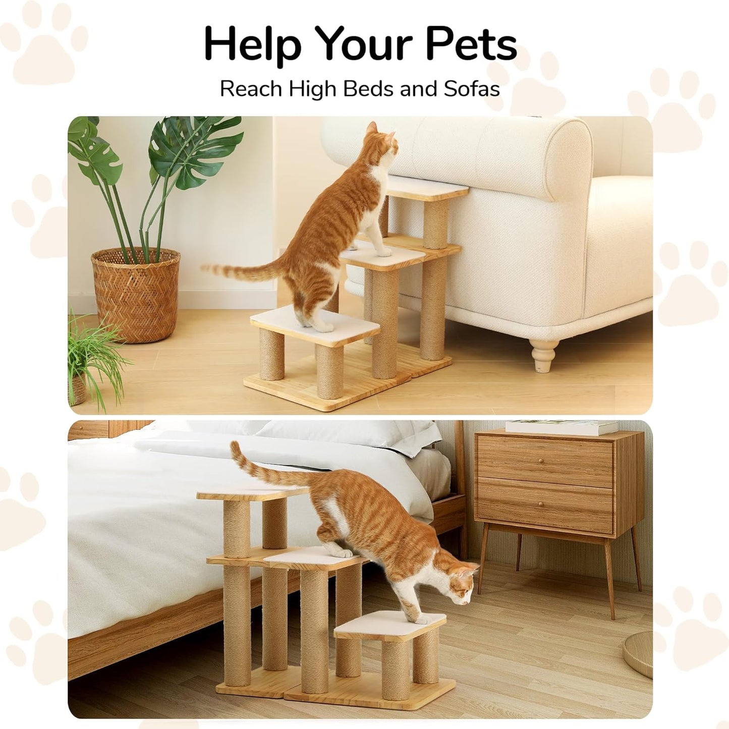 FUKUMARU Dog Stairs, Solid Wood Pet Stairs with Cat Scratching Post, Transformable Cat Ramp Can Hold Up to 200 lbs, 20 Inch Pet Steps for Dogs and Cats to Climb High Bed and Couch, Over 6 Combinations