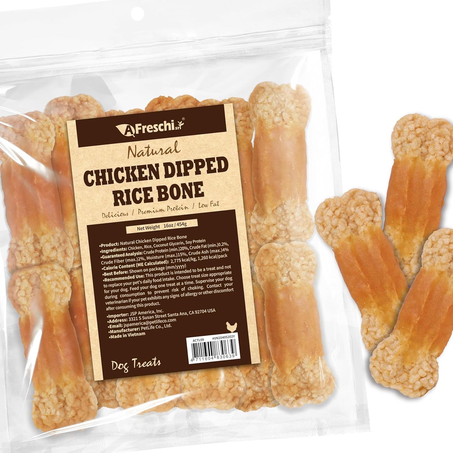 AFreschi Natural Chicken Dipped Rice Bone 16 oz, All Natural, Grain-Free, High-Protein, Healthy & Easily Digestible, Soft Texture