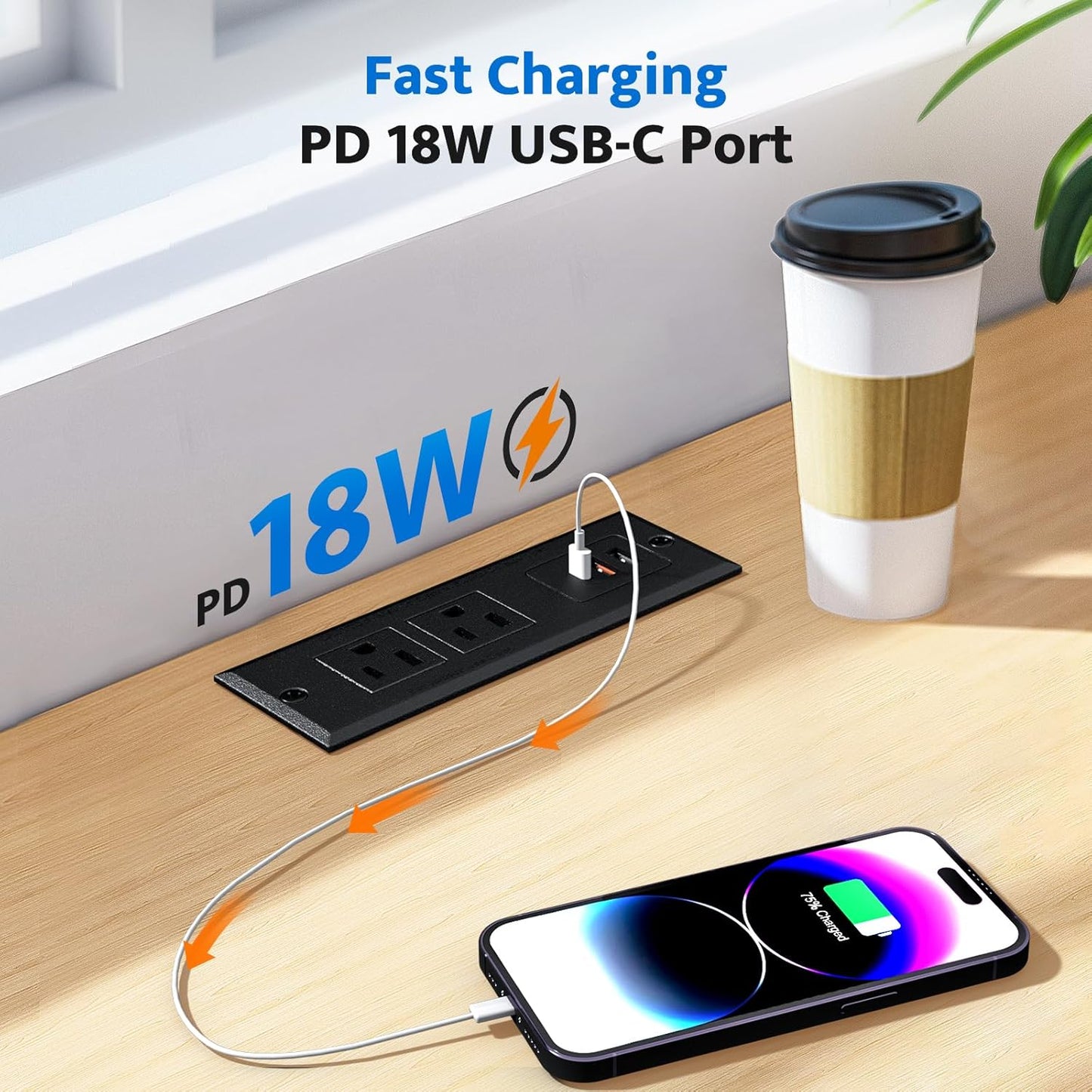 DOACE Recessed Power Strip with USB C Fast Charging Conference Recessed Outlet,Space-Saver for Furniture Side Table,2 AC Outlets,3 USB Ports,6ft Cord, for Home