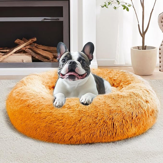 JOLLYVOGUE Calming Dog & Cat Bed for Small Dogs, Anti-Anxiety Donut Cuddler Cozy Soft Round Bed with Anti-Slip Bottom, Fluffy Faux Fur Plush Cushion Beds for Small Medium Pets (23")