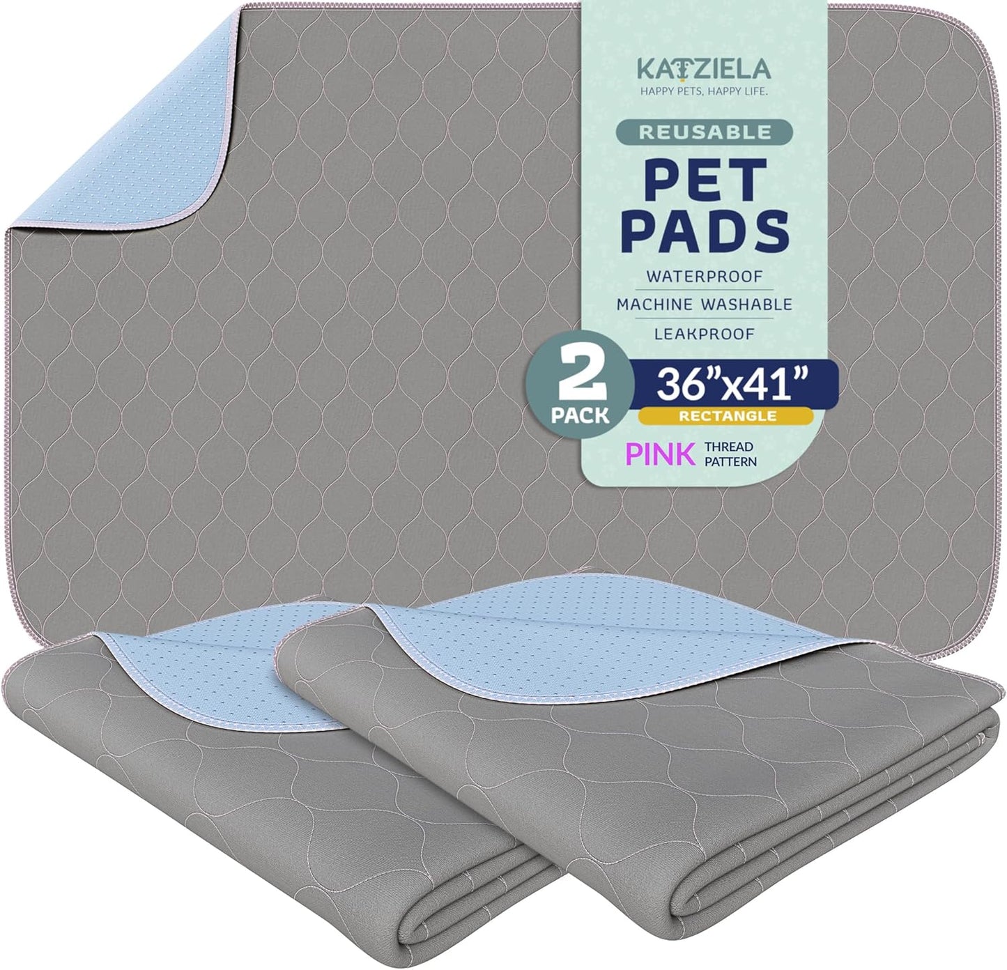 Katziela Washable Pet Pads (2 Pack 36in x 41in)Super Absorbent Waterproof Reusable Dog Pee Pads for Dogs Washable Puppy Pads for Potty Training Housebreaking Washable Pee Pads for Dogs Pink Stitching