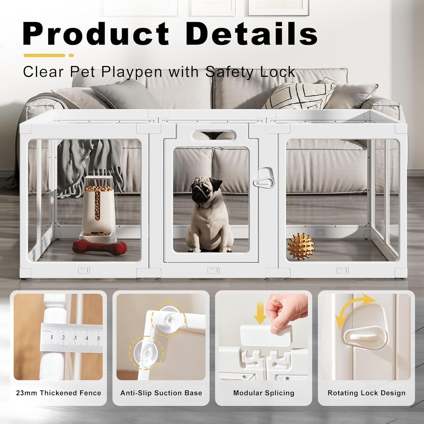 Clear Acrylic Dog Playpen Indoor, Puppy Cat Small Pet Play Pen, Pet Cat Foldable Playpen for Rabbits, Dog Fence Crate Kennel Whelping Cage (White, 10 Panel)