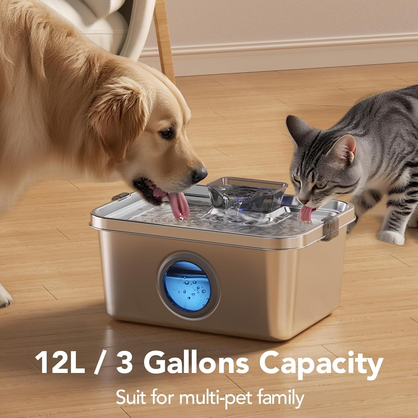 Dog Water Fountain, 3 Gallons Stainless Steel Dog & Cat Water Fountain, Large Pet Water Fountain for Multiple Pets, Ultra Silent, Wide Tray, Safety Lock, 3 Filters Included, Smart Water Pump