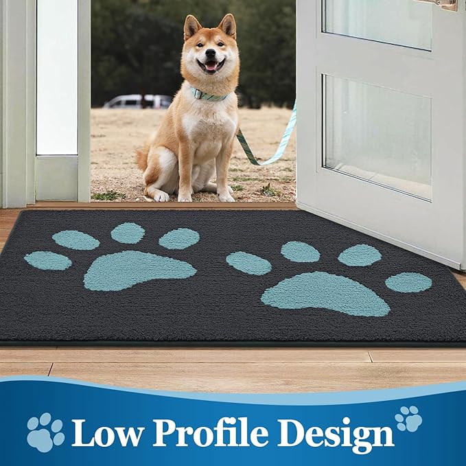 Buganda Dog Door Mat for Muddy Paws, Absorbent Dirt Trapper Washable Indoor Doormats, Non Slip Low-Profile Mud Mat for Dogs, Front Entrance Doormat for Inside Floor (36x24 Inches, Dark Grey and Blue)