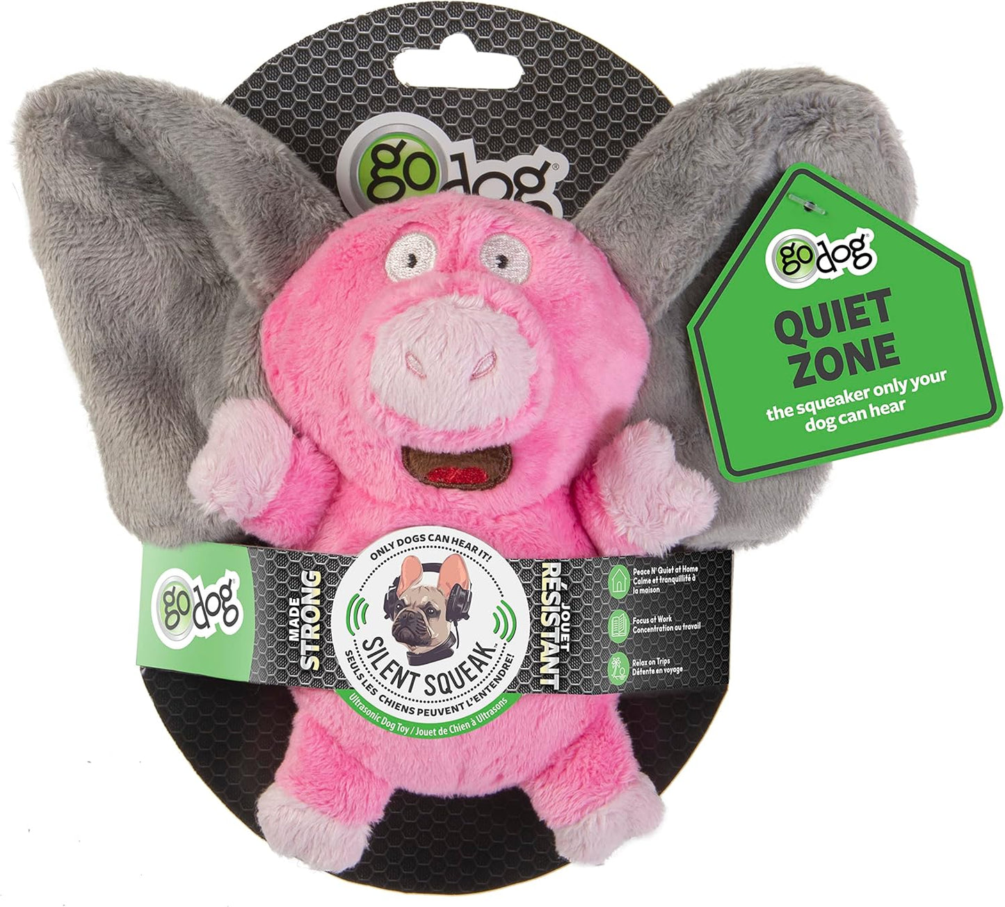 goDog Flips Pig-Elephant Silent Squeak Plush Dog Toy, Chew Guard Technology - Pink, Small
