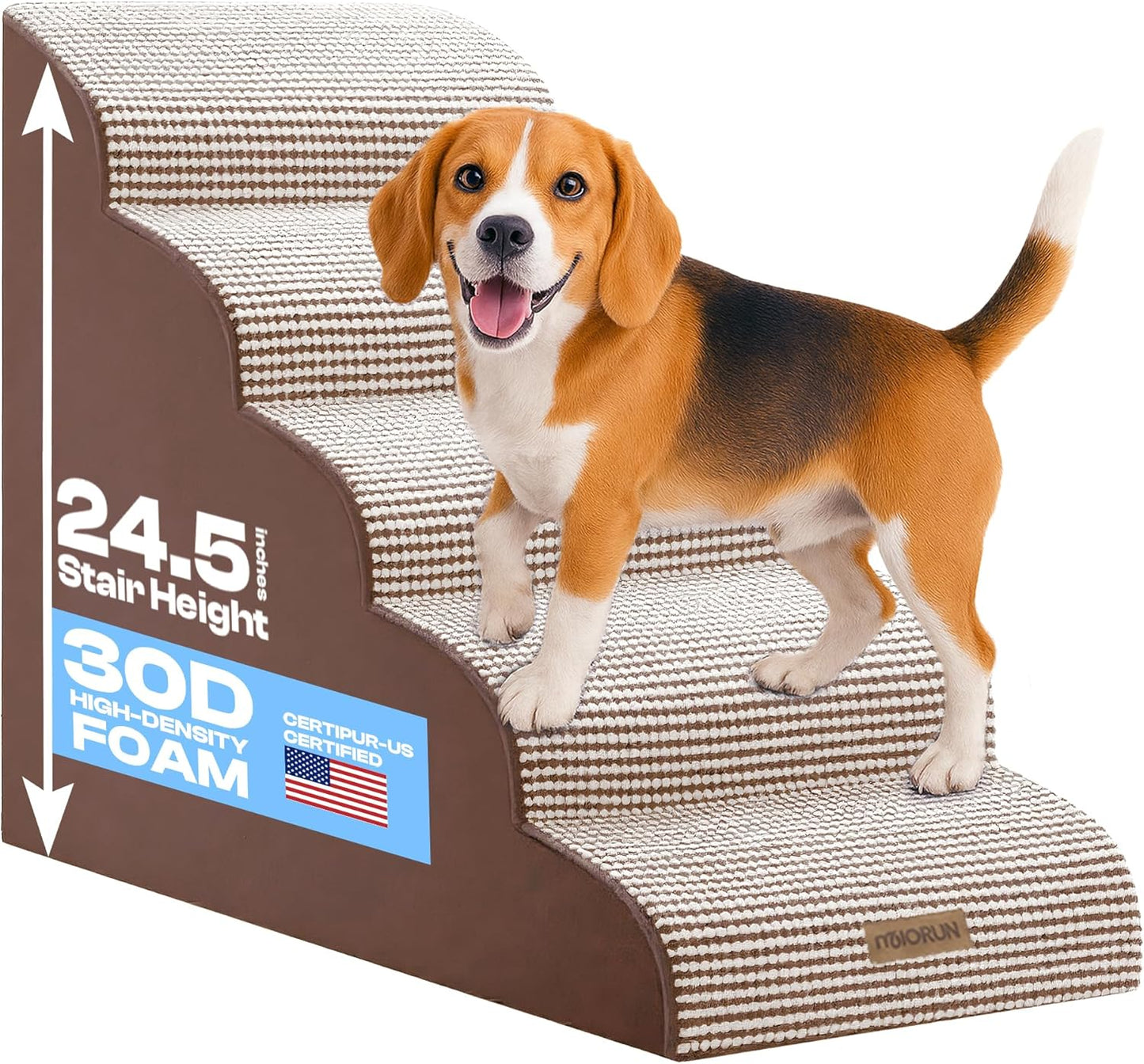Curved Dog Stairs for High Bed Up to 26", 5-Step Dog Ramp for Small Dogs with Washable Cover, Non-Slip Steps for Cats to Get on Couch and Sofa, Durable Foam Ladder for Medium Breeds, White Coffee