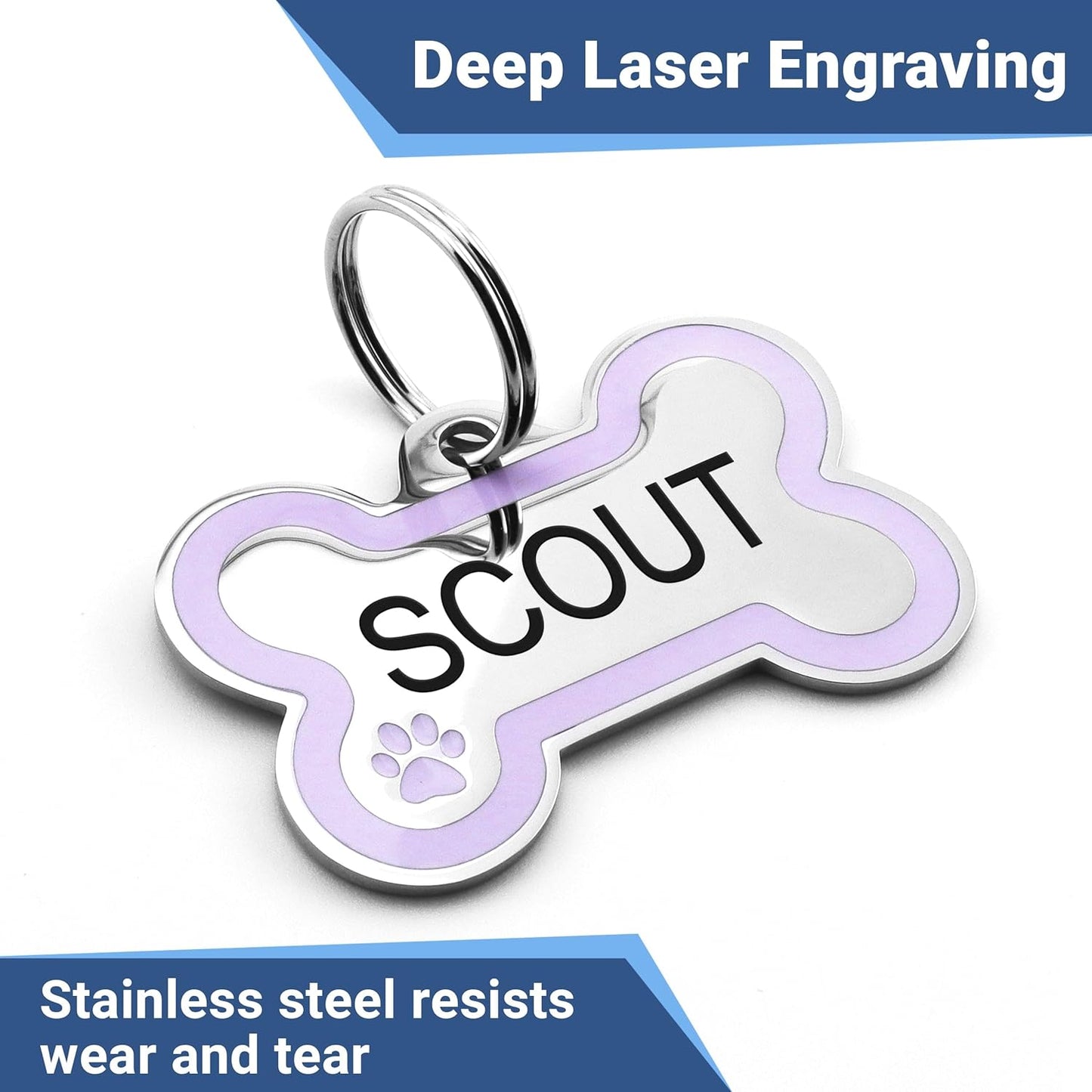 GoTags Stainless Steel Bone Dog Tag with Color Outline and Paw Print, Personalized Pet ID Tag for Dogs and Cats, Custom Engraving with up to 5 Lines of Text on Both Sides (Blue, Regular)