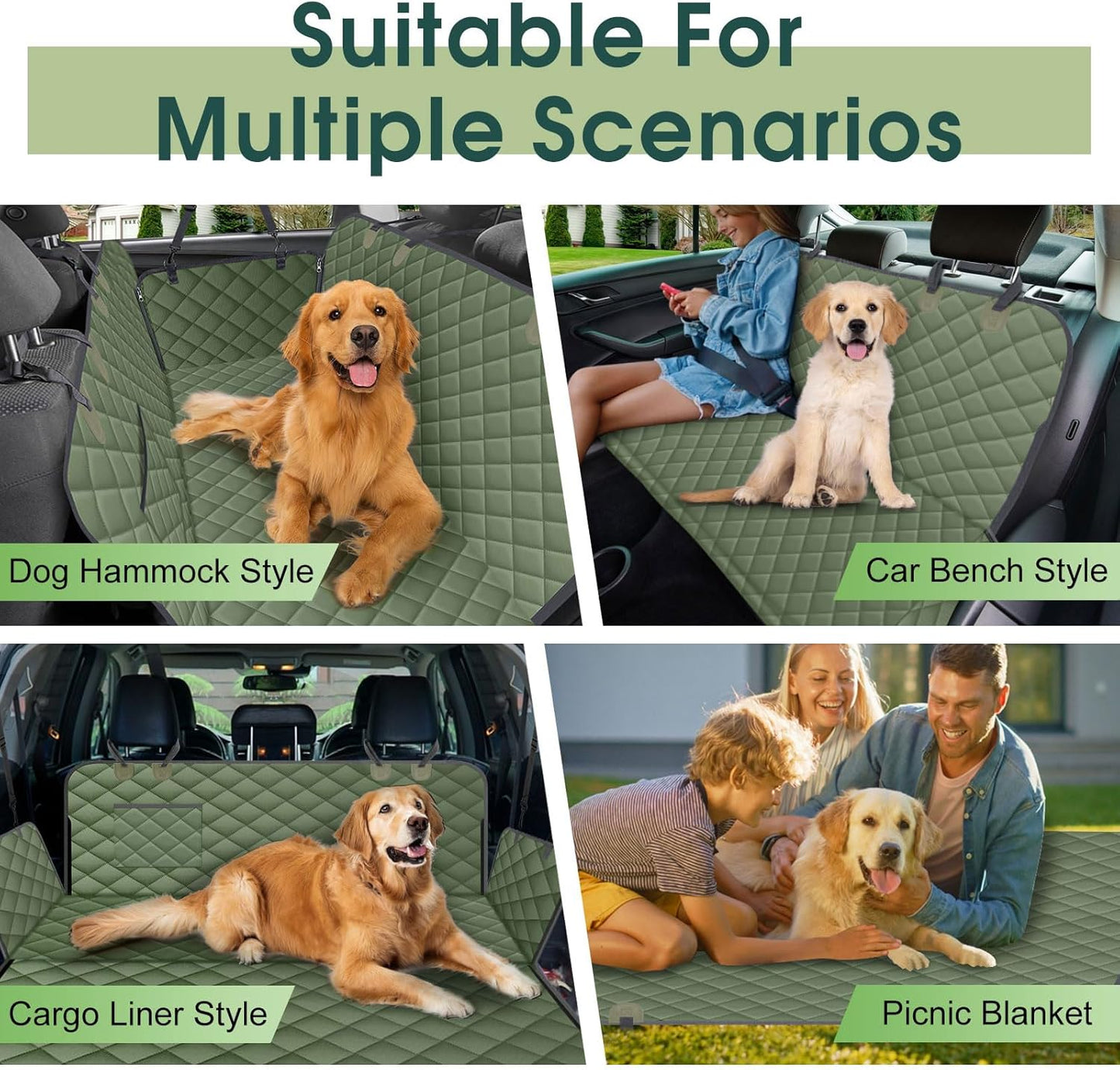 Waterproof Dog Car Seat Cover for Back Seat - Durable, Scratch Proof Pet Hammock with Nonslip Design & Storage Pockets, Fits Cars, SUVs, Trucks- S, Green