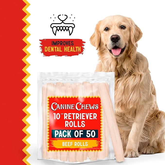 Canine Chews 10" Dog Rawhide Retriever Rolls - Rawhide Bones for Large Dogs (50 pk) - Natural Beef Dog Rawhide Chews - Single Ingredient Dog Rawhide Bones - Large Rawhide Bones for Dogs Dental Chew