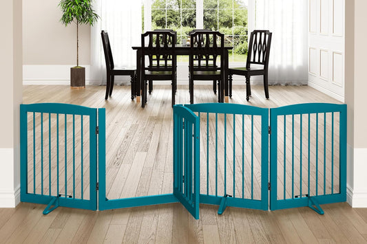 Freestanding Dog Gate with Door, Pet Gate for Stairs, 80 inch Wide Pet Barrier Indoor, Dog Fences Indoor, Support Feet Included, 4 Panels, 24" Tall, Blue