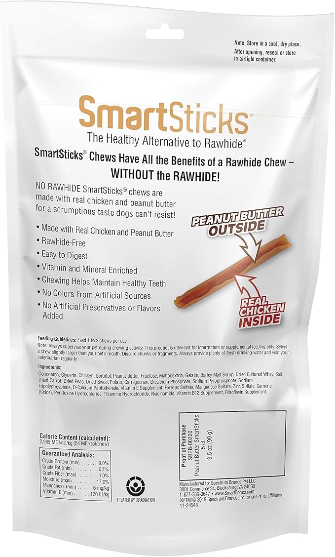 SmartBones SmartSticks, Treat Your Dog to a Rawhide-Free Chew Made With Real Peanut Butter, 5 count