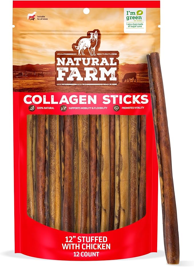 Natural Farm Chicken Stuffed Collagen Chews for Dogs (12 Inch, 12 Pack), Rawhide-Free Collagen Sticks, Odor-Free Natural Dog Chews, Long Lasting Treats for Small, Medium Dogs