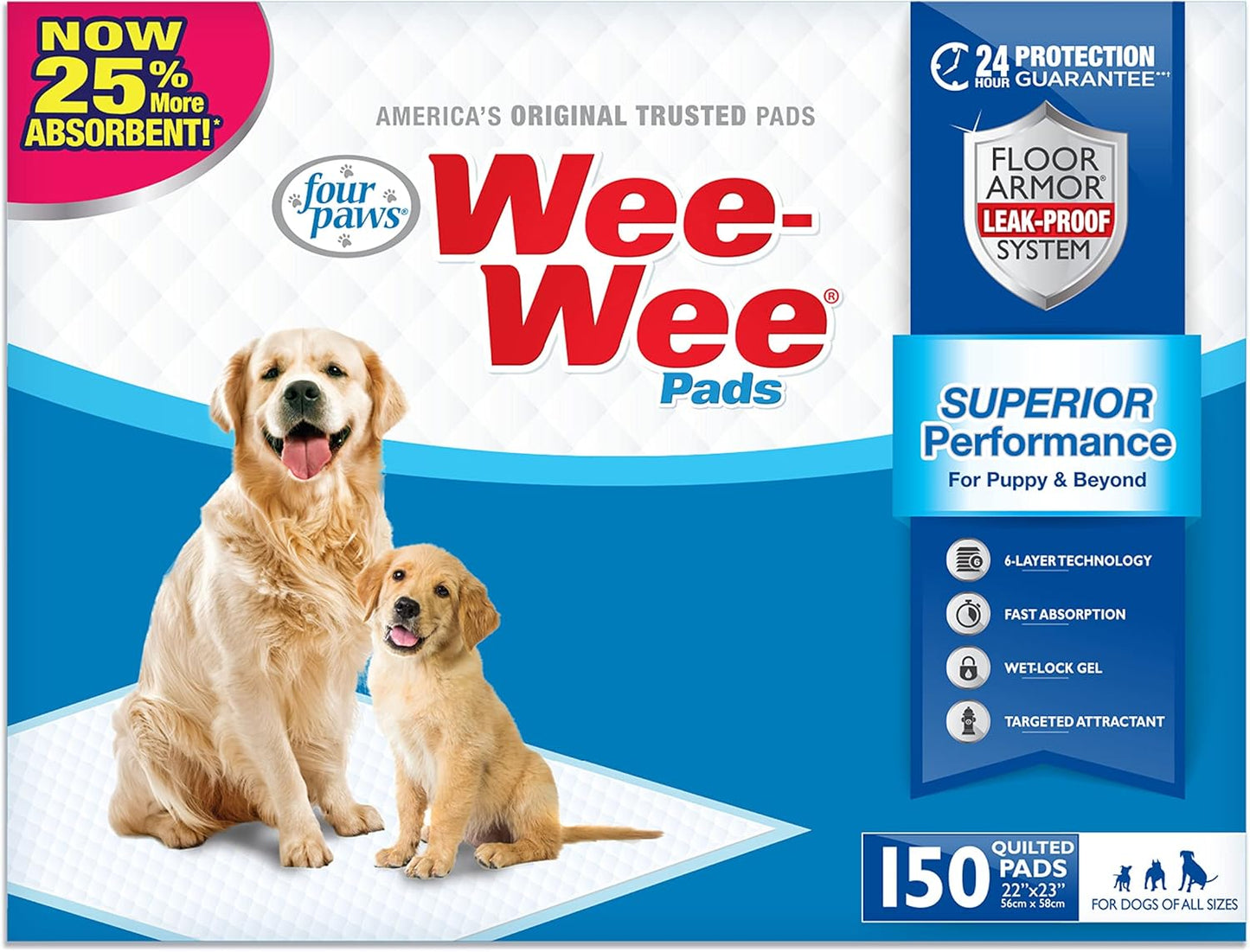 Four Paws Wee-Wee Superior Performance Unscented Pee Pads for Dogs & Puppies, Quilted Leak-Proof Dog Housebreaking Potty Training Floor Protection, 22" x 23", 150 Count