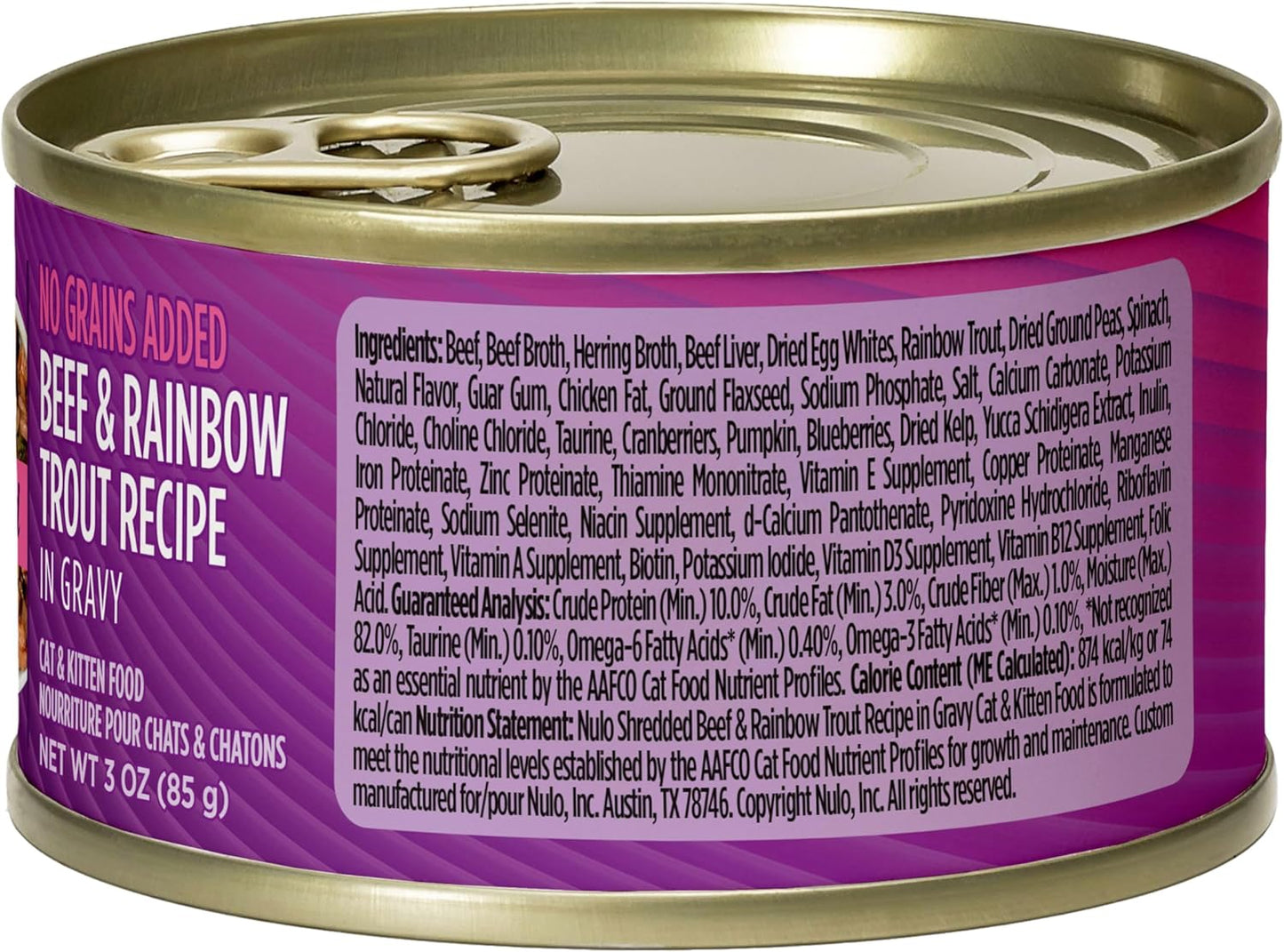 Nulo Beef & Rainbow Trout Grain-Free Shredded Wet Canned Cat Food, 3 Ounce (Pack of 24)