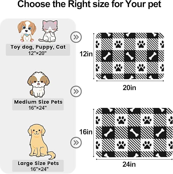 Paw Bone Plaid Pet Cat Dog Food Mat-Absorbent Quick Dry Feeding Placemat for Water and Food, No Stains Rubber Base Mat for Indoor Use, Pet Accessories 16"x24"