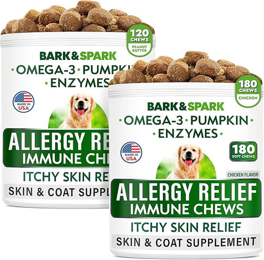 Allergy Relief Dog Treats - Itchy Skin Relief - Omega 3 + Pumpkin + Enzymes - Seasonal Allergies - Anti-Itch & Hot Spots - Immune Supplement - 300 Chews - Peanut Butter + Chicken Flavor - Made in USA