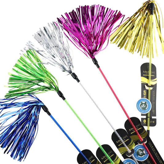 ADUCK Interactive Cat Teaser Wand Toy with Tassels - Durable Cat Chaser for Indoor Kitten Exercise, Boredom Relief & Training Play, Pack of 5 (Gold, Blue, Pink, Silver, Green)