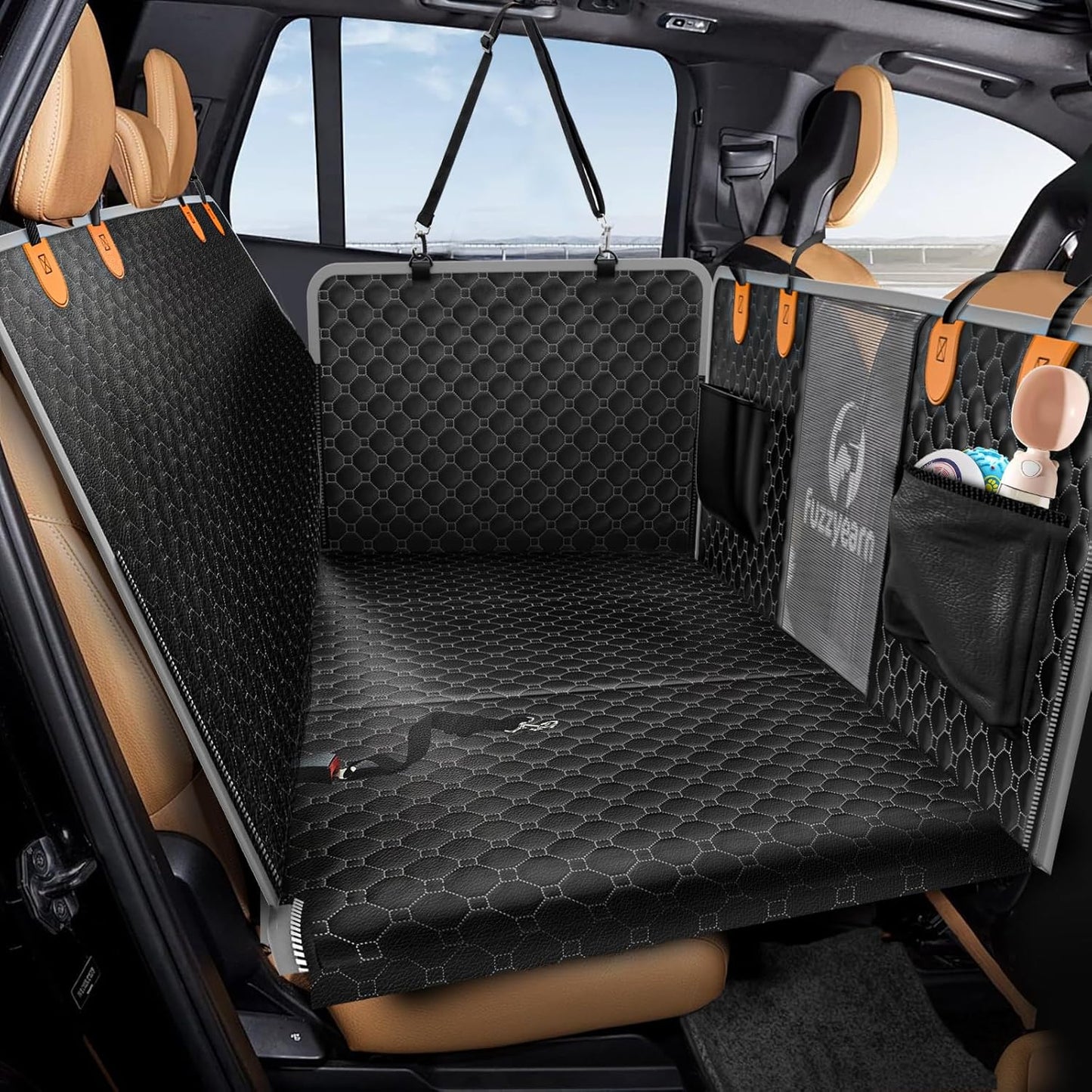 Leather Back Seat Extender for Dogs, Scratchproof and Waterproof Car Seat Cover with Hard Bottom(Holds 400lbs),Dog Hammock for Car, SUV and Truck (Black)