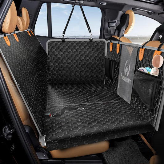 Leather Back Seat Extender for Dogs, Scratchproof and Waterproof Car Seat Cover with Hard Bottom(Holds 400lbs),Dog Hammock for Car, SUV and Truck (Black)