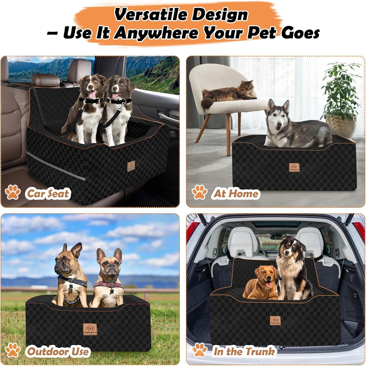 Large Dog Car Seat for Back Seat – Removable Dog Booster Seat & Washable Pet Car Seat for Medium & 2 Small Dogs up to 60lbs – Safety Straps & Storage Pocket – Travel & Home Use (Black)