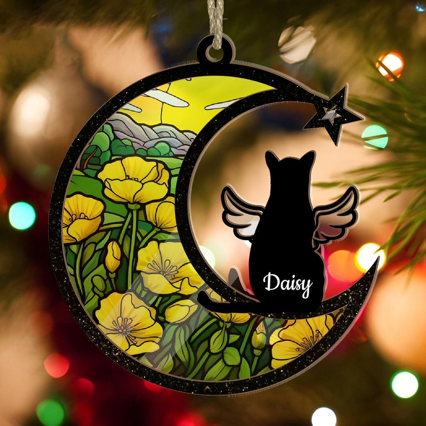 Personalized Cat Memorial Suncatcher – Crescent Moon Pet Loss Ornament with Mountains, Flowers & Angel Wings – Custom Cat Bereavement Gift for Window, or Car Mirror Display – Rainbow Bridge Keepsake