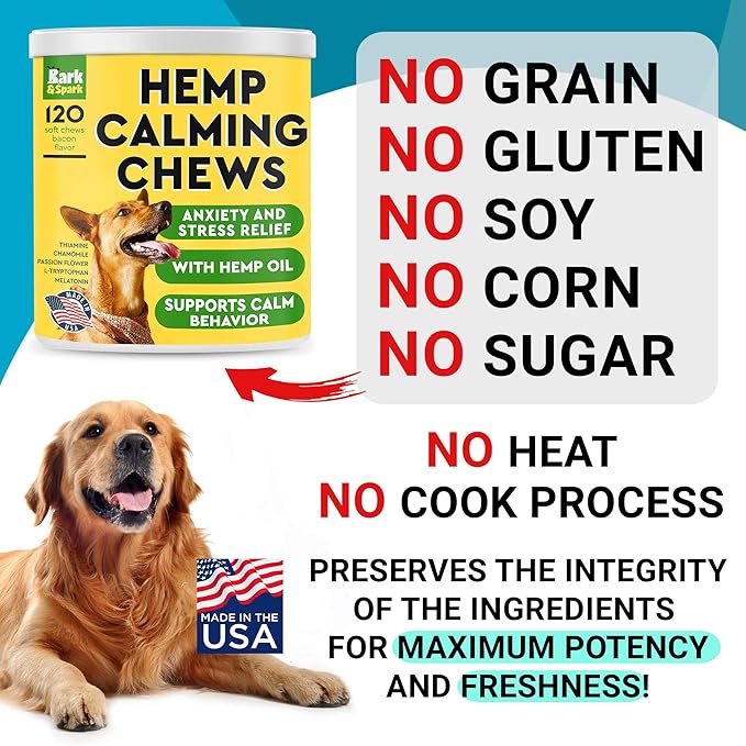 BARK&SPARK Calming Hemp Treats for Dogs - Made in USA with Hemp Oil - Anxiety Relief - Separation Aid - Stress Relief During Fireworks, Storms, Thunder - Aggressive Behavior, Barking - 120 Soft Chews