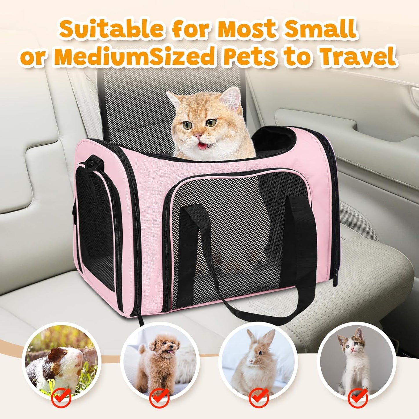 Airline Approved Pet Carrier 17"x11"x11" – Soft Sided Cat Dog Travel Bag for Small Pets up to 15 lbs, Portable Collapsible Pet Carrier Under Seat with Mesh Ventilation & Shoulder Strap(Pink)