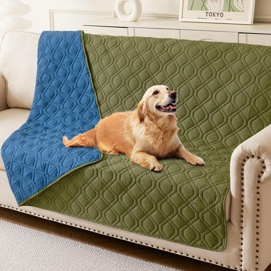 hyha Waterproof Dog Bed Blanket, Soft Pet Blankets, Waterproof Couch Cover for Dogs, Reversible Sofa Covers Washable for Furniture (68x82 Inch, Green/Navy Blue)