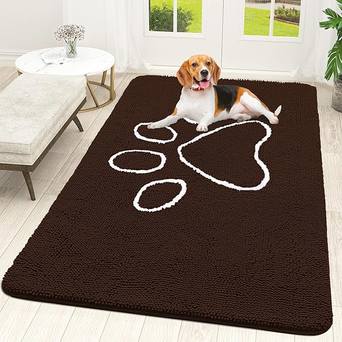 OLANLY Door Mat for Muddy Dog Paws 70x46, Ultra Absorbent Chenille Mud Doormat with Paw Print Design, Non-Slip Washable Doormat for Indoor Entryway, Quick-Dry Pet Bed Mats for Dirty Dogs, Brown