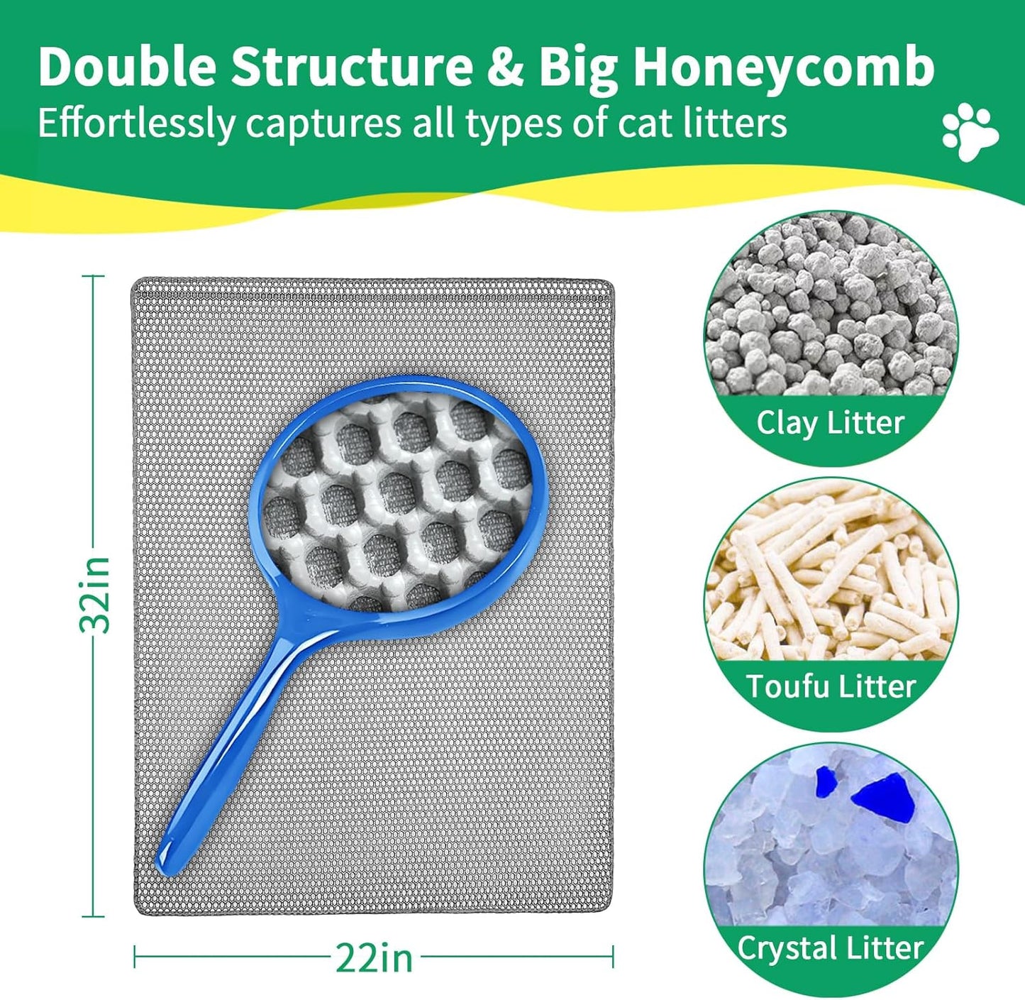 Cat Litter Mat,32"x22" Litter Box Mat,2 Layer Litter Trapping Mat for indoor cats,Litter Catcher Mats for kitty Pet,Cat Rug. Non-Slip Waterproof Urine Proof, Collapsable